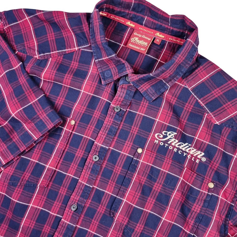 Indian Motorcycle Button Shirt Mens XL Red Plaid Embroidered Double Pocket Biker